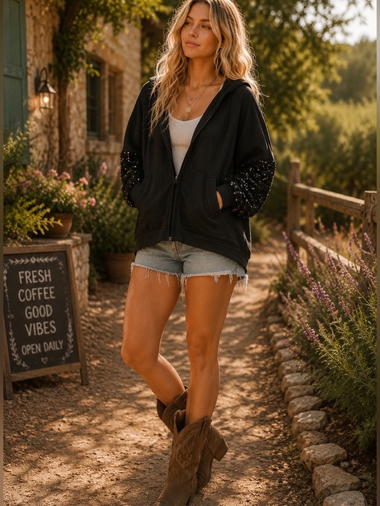 Umgee Tops - Umgee Large Black Hoodie with Sequin Sleeves and Hood